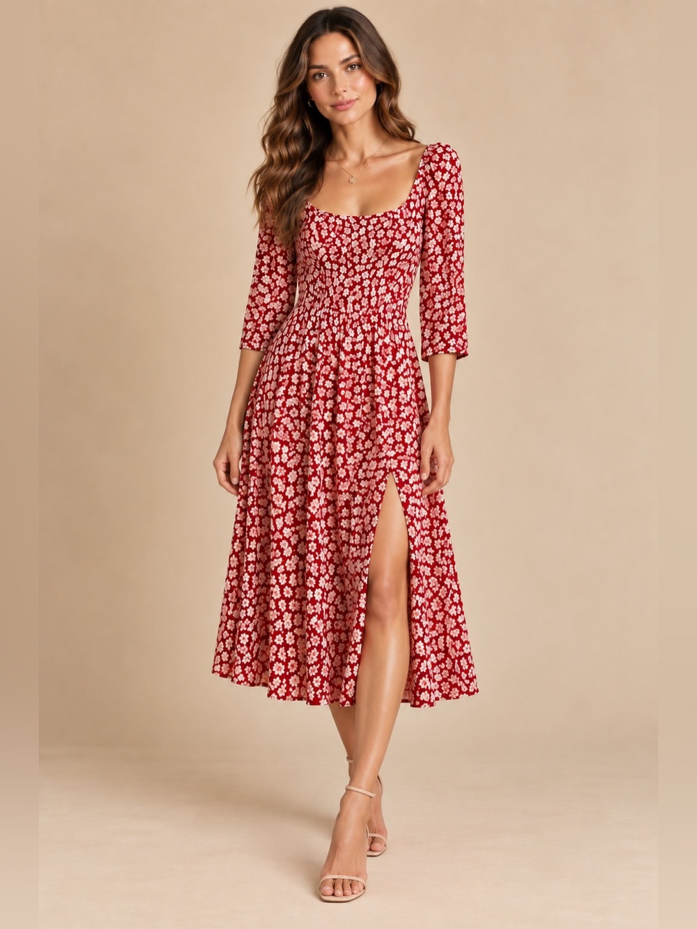 Reformation Red Ivory Floral Square Neck 3/4 Sleeve Midi Dress Size 0 Boho Style - Picture 11 of 11